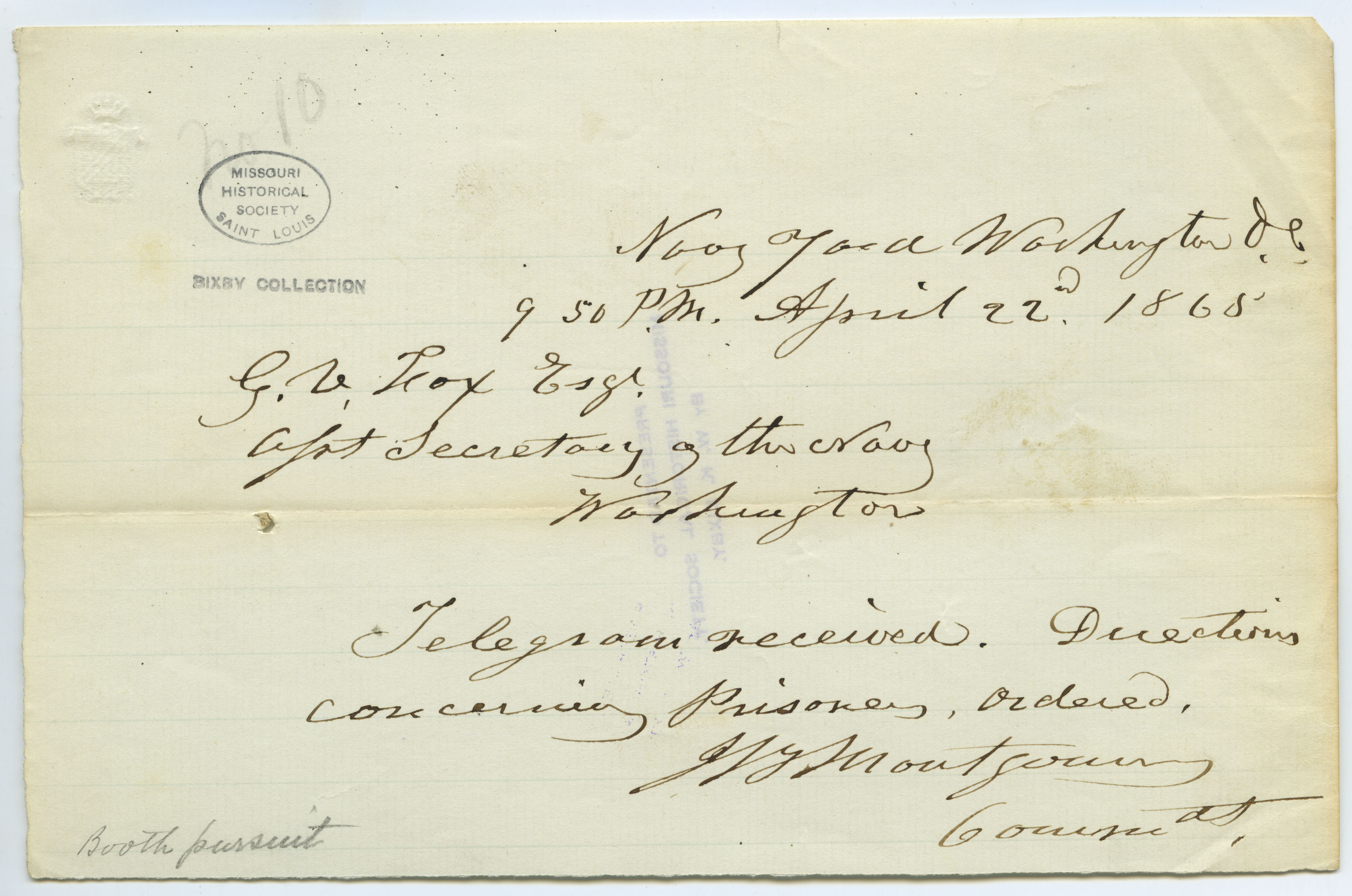 Contemporary Copy Of Telegram Of J.B. Montgomery, Navy Yard, Washington ...